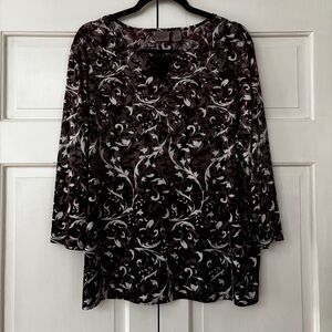 Chico's Size 3 Ombré Black Maroon White Boxy 3/4 Sleeve Blouse Flowy Chicos XL‎